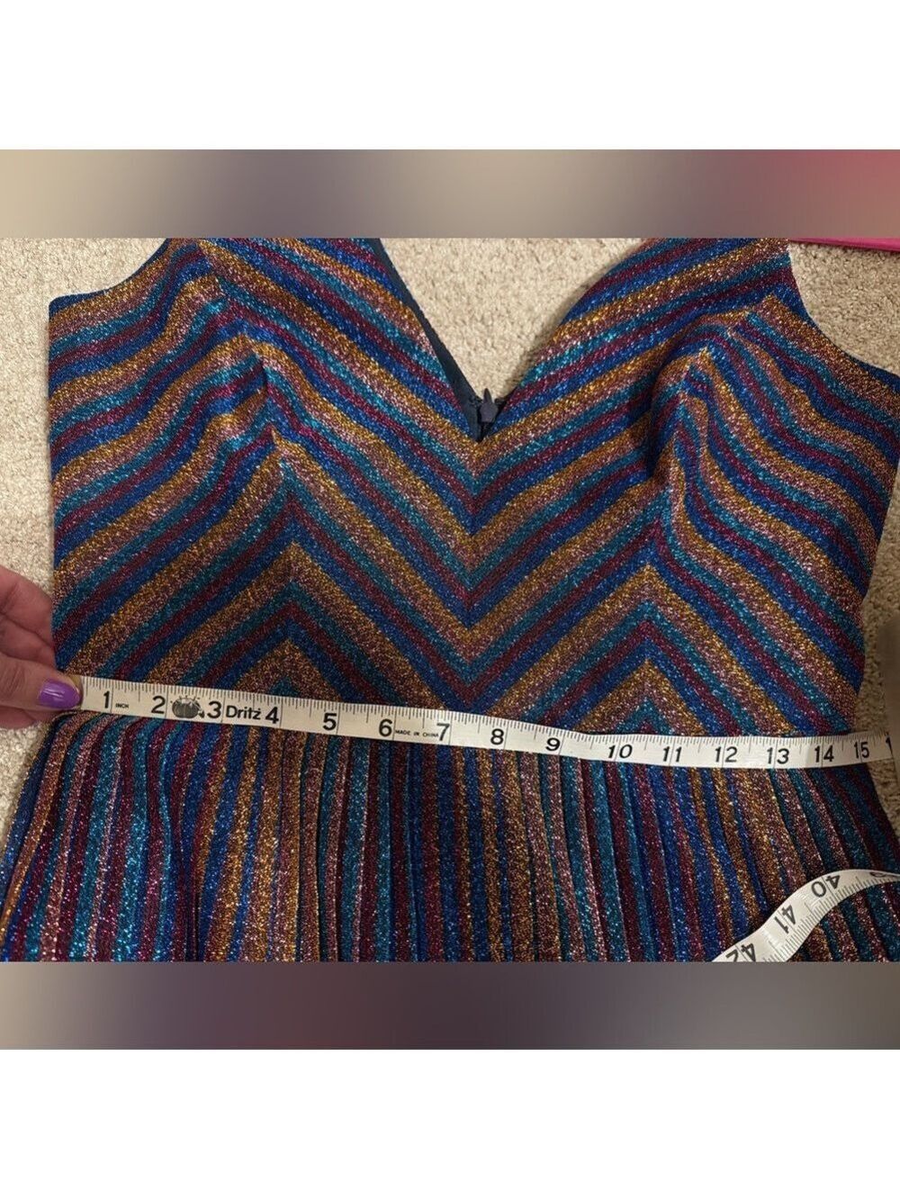 Dress the Population Haley Metallic Cobalt Pleated Chevron Dress Medium - Picture 10 of 12